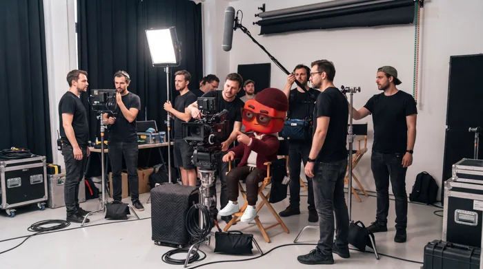 The HelloVoice crew on a studio shoot